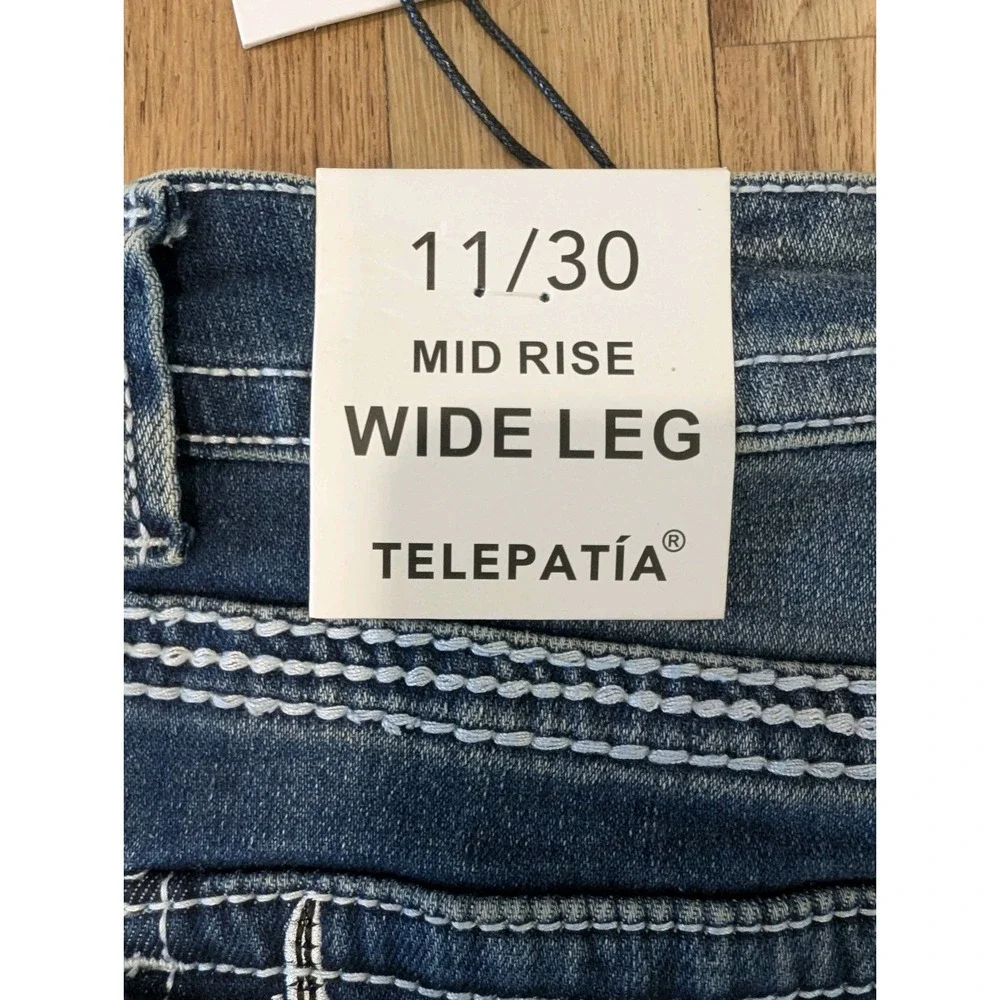 Telepatia Mid Rise Wide Leg Faded Jeans Junior 11 Embellished Skull Wings Floral
